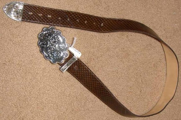 Vintage Justin Genuine Snake Snakeskin Belt with Montana Silversmiths Sterling Silver Plate Buckle Snake Skin Leather Western Belt Silver Buckle Brown 30