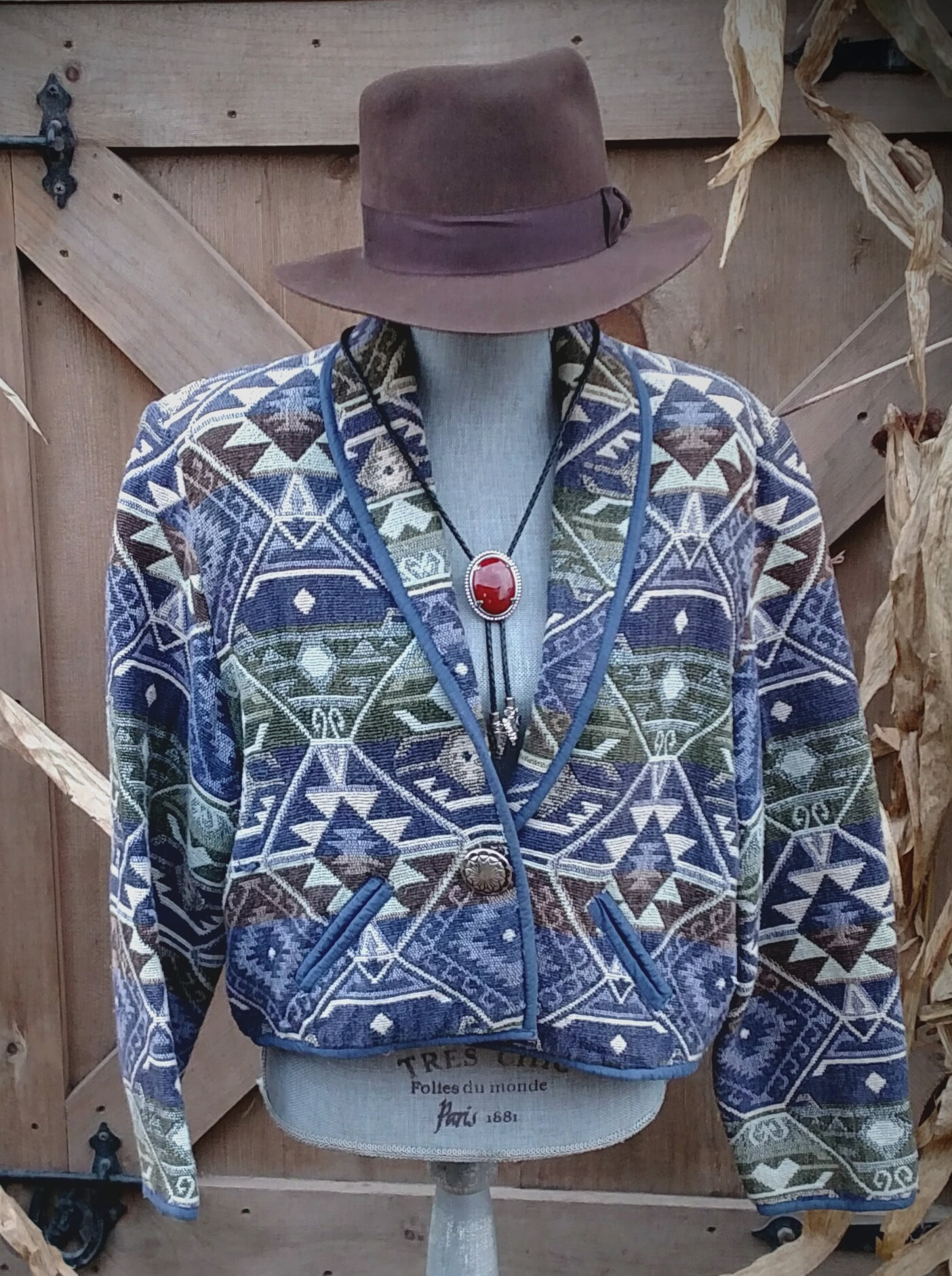 Forlini International South Western Style Navajo Blanket Jacket Short Western Jacket Blue Southwestern Print Ladies XL