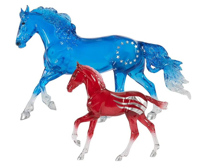 Breyer B-TR-10671 Betsy & Ross Gloss Blue Clearware Decorator Cantering Mustang Mare Glossy Red Clearware Decorator Andalusian Foal Semiquincentennial Limited Edition 2026
