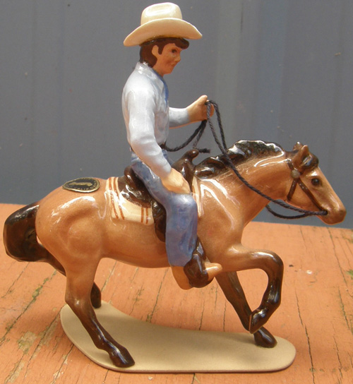 Vintage Hagen Renaker #3214 Cutting Horse And Steer Cowboy on Cutting Horse & Rider HR Specialty Mini China Horse Ceramic Horse Figurine
