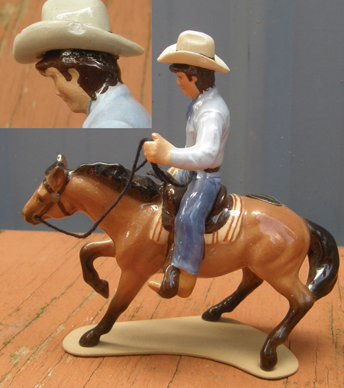 Vintage Hagen Renaker #3214 Cutting Horse And Steer Cowboy on Cutting Horse & Rider HR Specialty Mini China Horse Ceramic Horse Figurine
