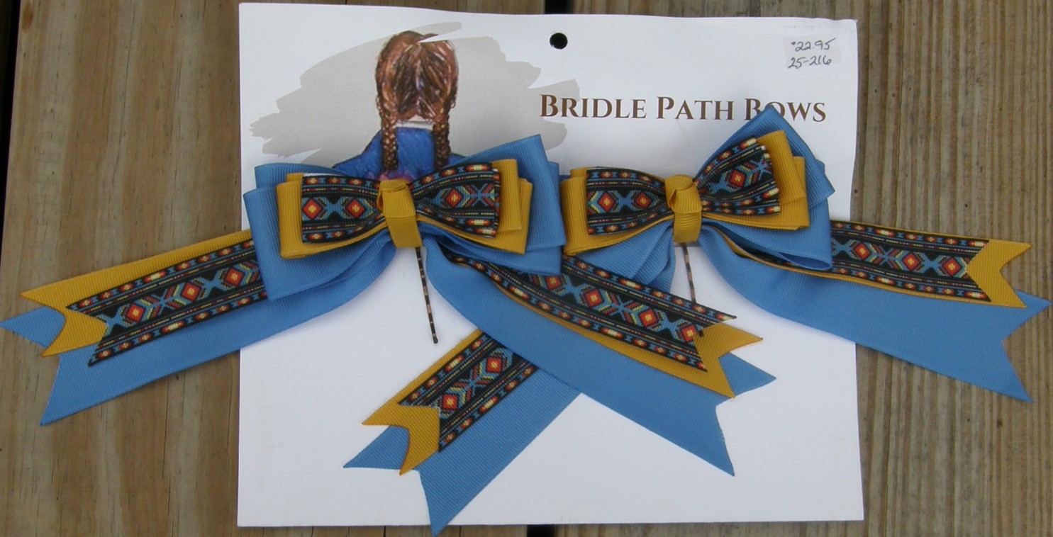 Bridle Path Bows Horse Show Bows Childrens Hair Ribbons Hair Bows Showbows Blue/Mustard Yellow/Aztec Pattern