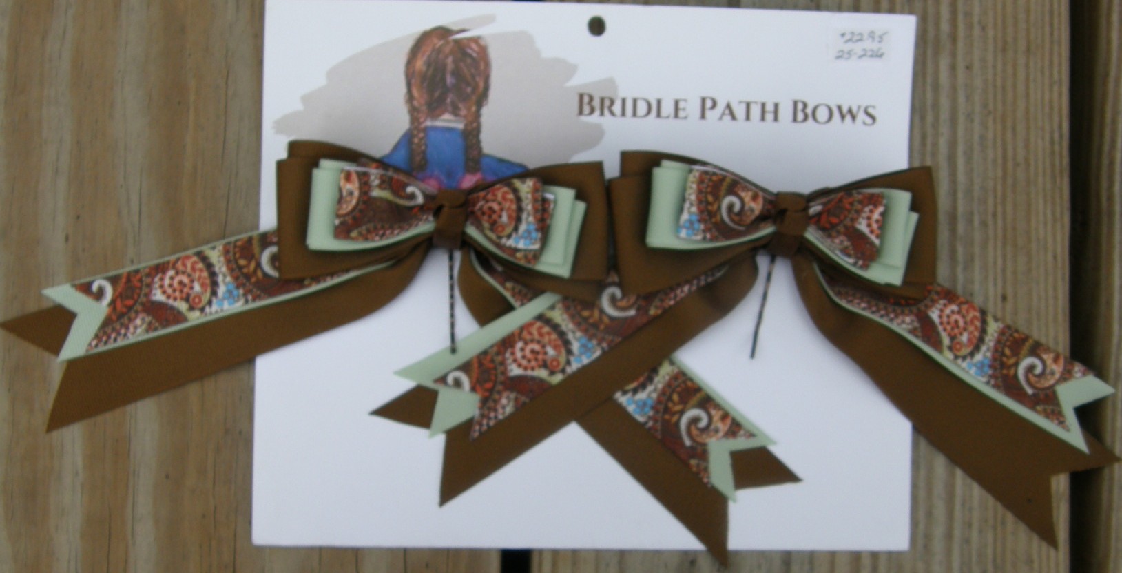 Bridle Path Bows Horse Show Bows Childrens Hair Ribbons Hair Bows Showbows Brown/Pale Sage/Brown Paisley Pattern