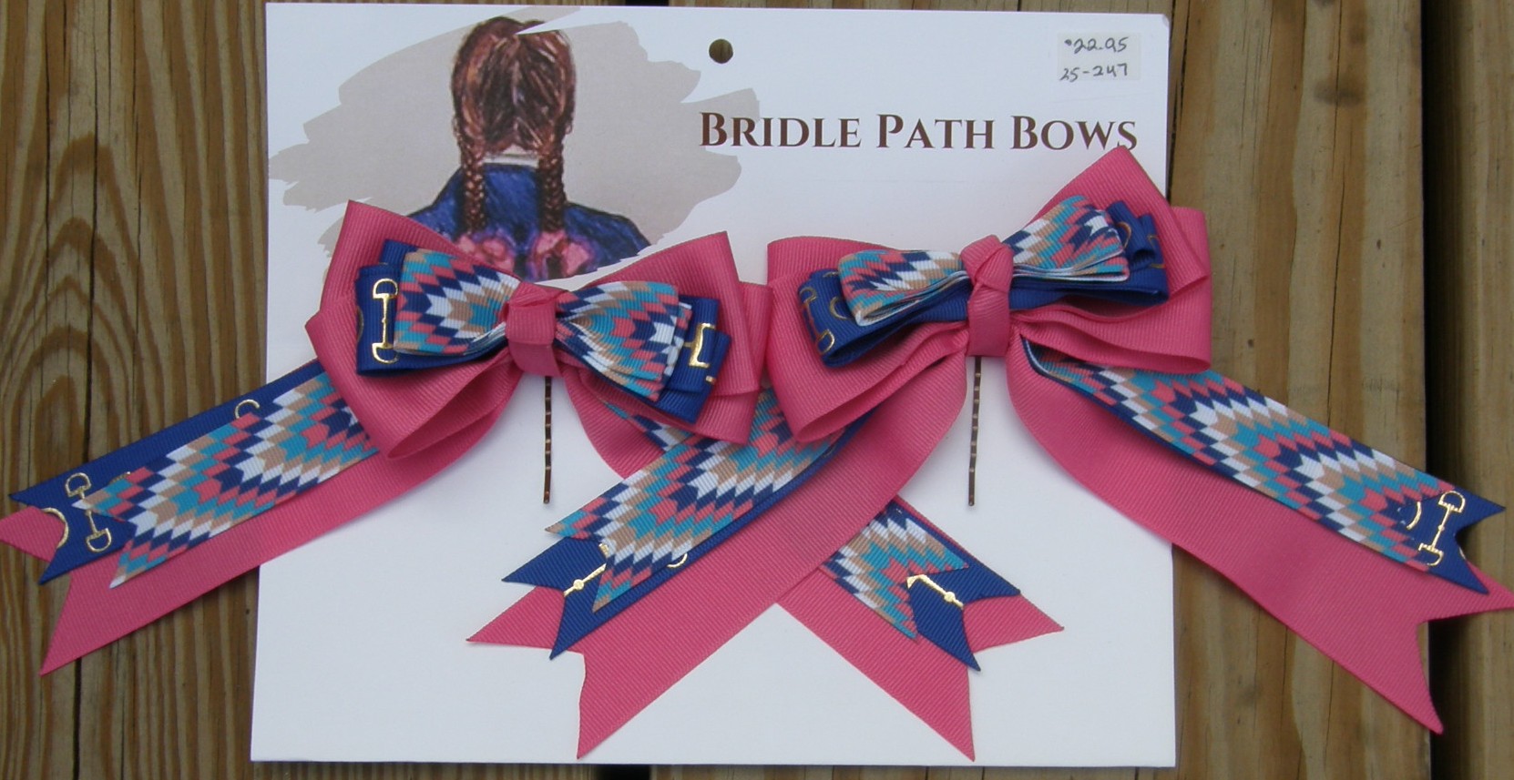 Bridle Path Bows Horse Show Bows Childrens Hair Ribbons Hair Bows Rose Pink/Royal Blue Snaffle Bit Pattern/Aztec Pattern