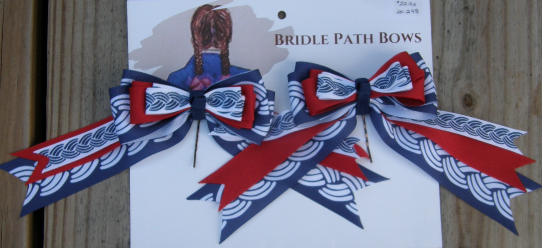 Bridle Path Bows Horse Show Bows Childrens Hair Ribbons Hair Bows Showbows Red/White & Blue Celtic Chain Pattern