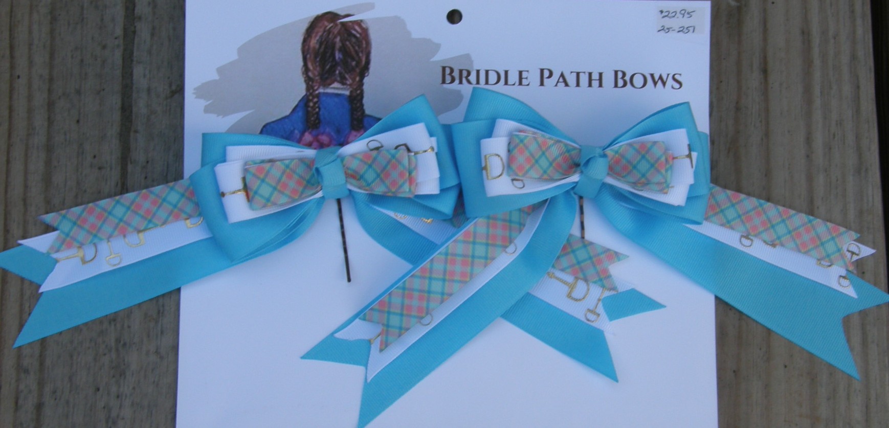 Bridle Path Bows Horse Show Bows Childrens Hair Ribbons Hair Bows Showbows Lt Blue/White Snaffle Bit/Pastel Plaid Pattern