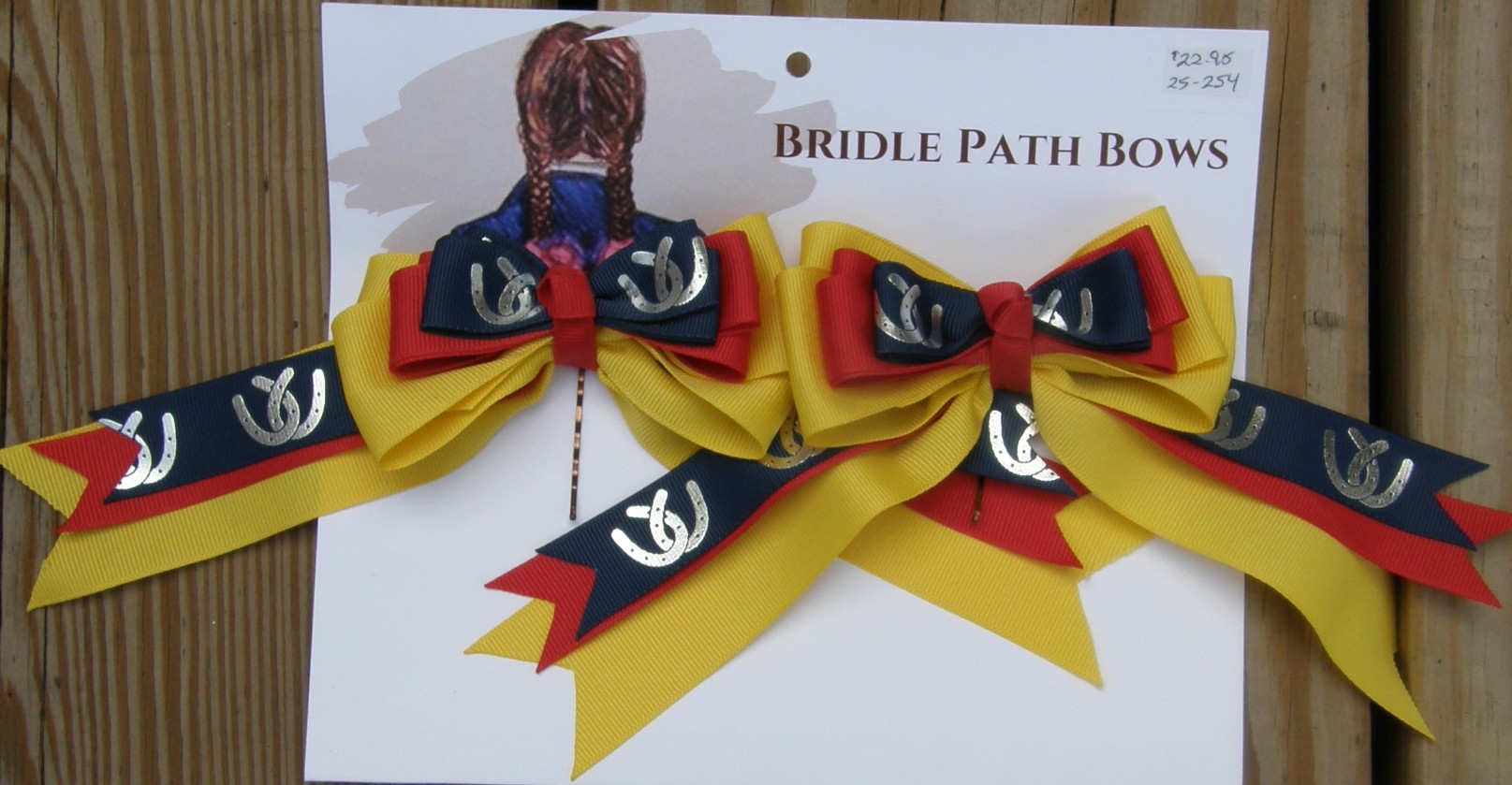 Bridle Path Bows Horse Show Bows Childrens Hair Ribbons Hair Bows Showbows Yellow/Red/Navy Horseshoe Horse Shoe Pattern