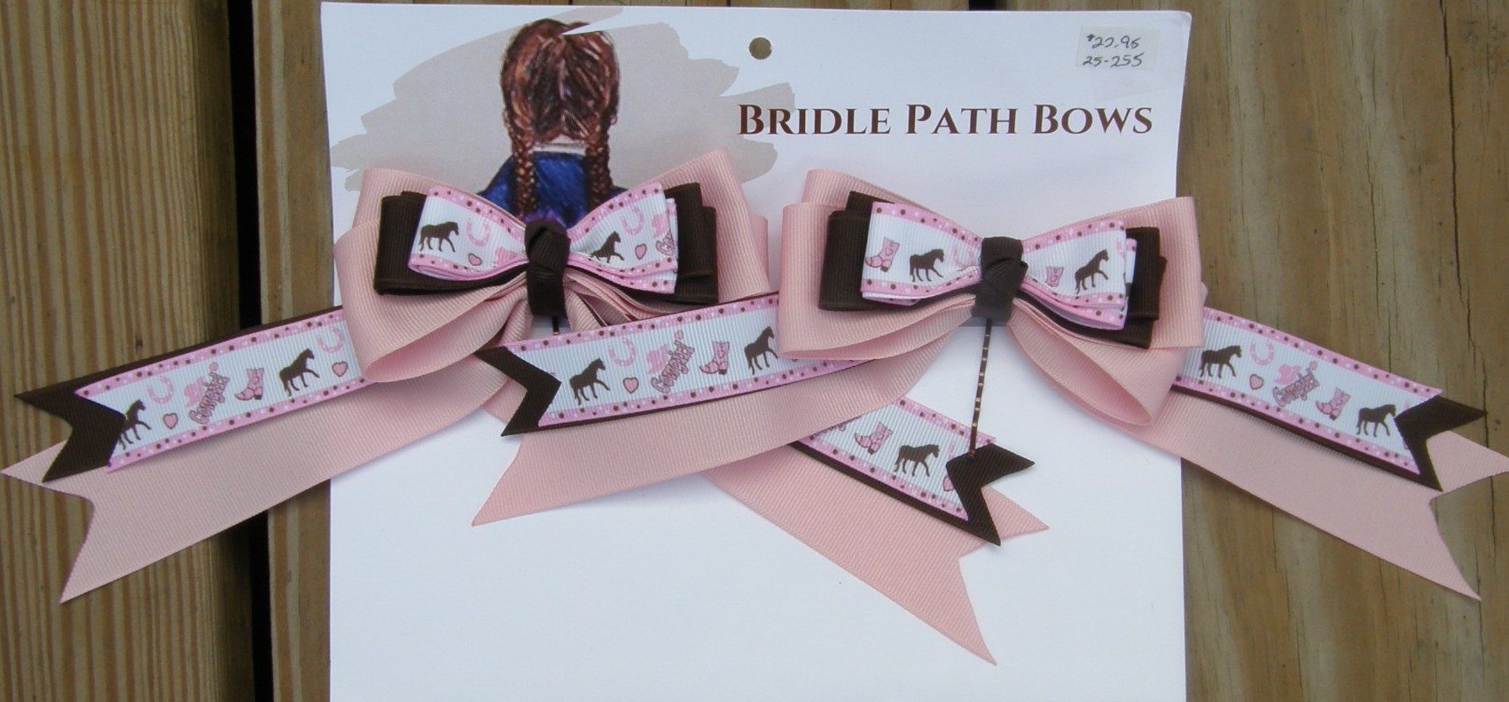 Bridle Path Bows Horse Show Bows Childrens Hair Ribbons Hair Bows Showbows Lt Pink/Brown/Horse & Cowgirl Pattern