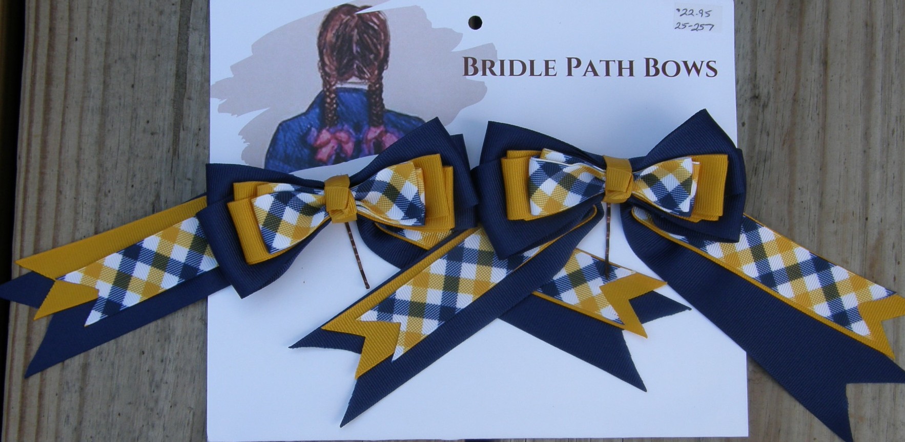 Bridle Path Bows Horse Show Bows Childrens Hair Ribbons Hair Bows Showbows Navy/Mustard Yellow/Navy & Yellow Plaid Pattern