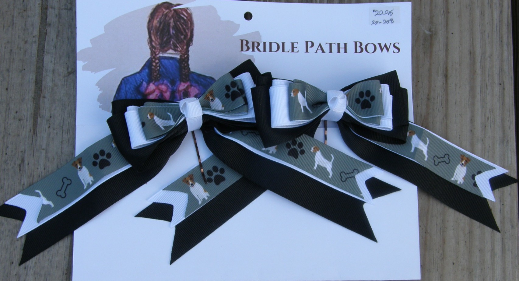 Bridle Path Bows Horse Show Bows Childrens Hair Ribbons Hair Bows Showbows Black/White/Jack Russell Dog Bone Pattern