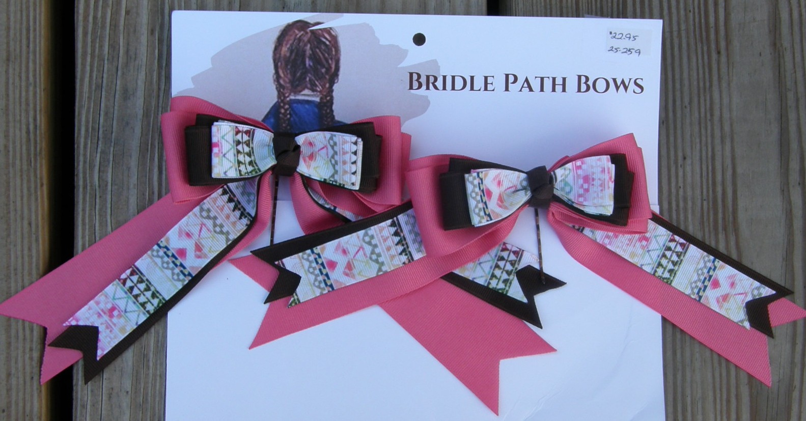 Bridle Path Bows Horse Show Bows Childrens Hair Ribbons Hair Bows Showbows Rose Pink/Brown/Geometric Pattern