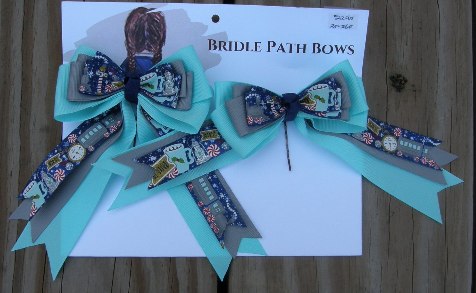 Bridle Path Bows Show Bows Childrens Hair Ribbons Hair Bows Showbows Pale Aqua/Grey/North Pole Polar Express Train Peppermint Pattern