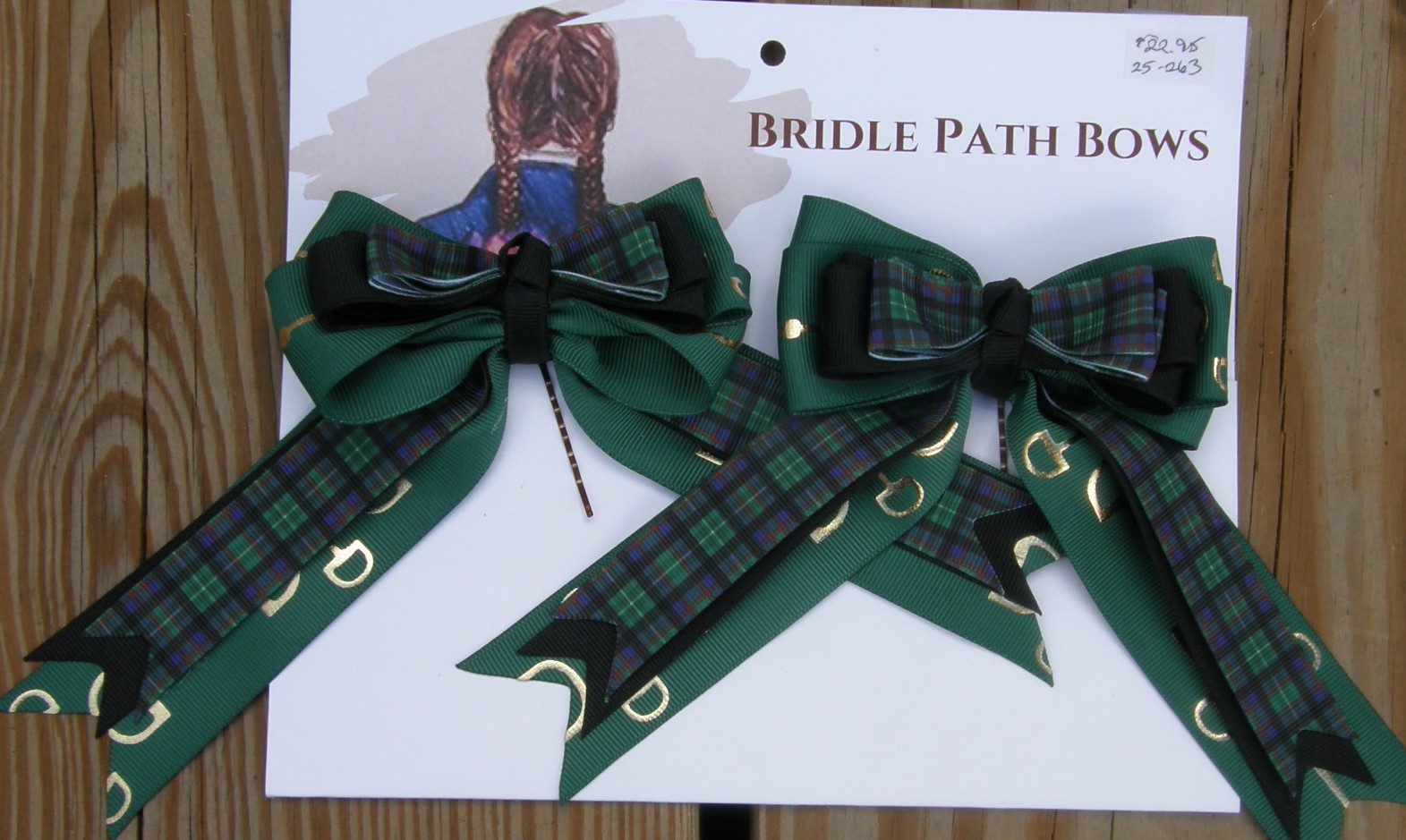 Bridle Path Bows Horse Show Bows Childrens Hair Ribbons Hair Bows Showbows Forest Green Snaffle Bit/Black/Navy & Green Plaid Pattern
