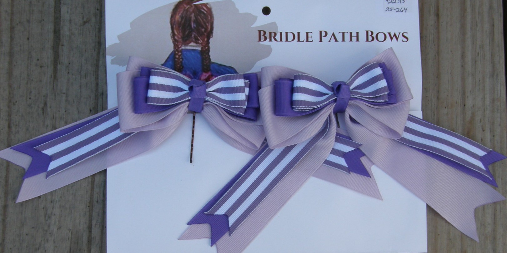 Bridle Path Bows Horse Show Bows Childrens Hair Ribbons Hair Bows Showbows Pale Lavender/Purple/Purple & White Stripe Pattern