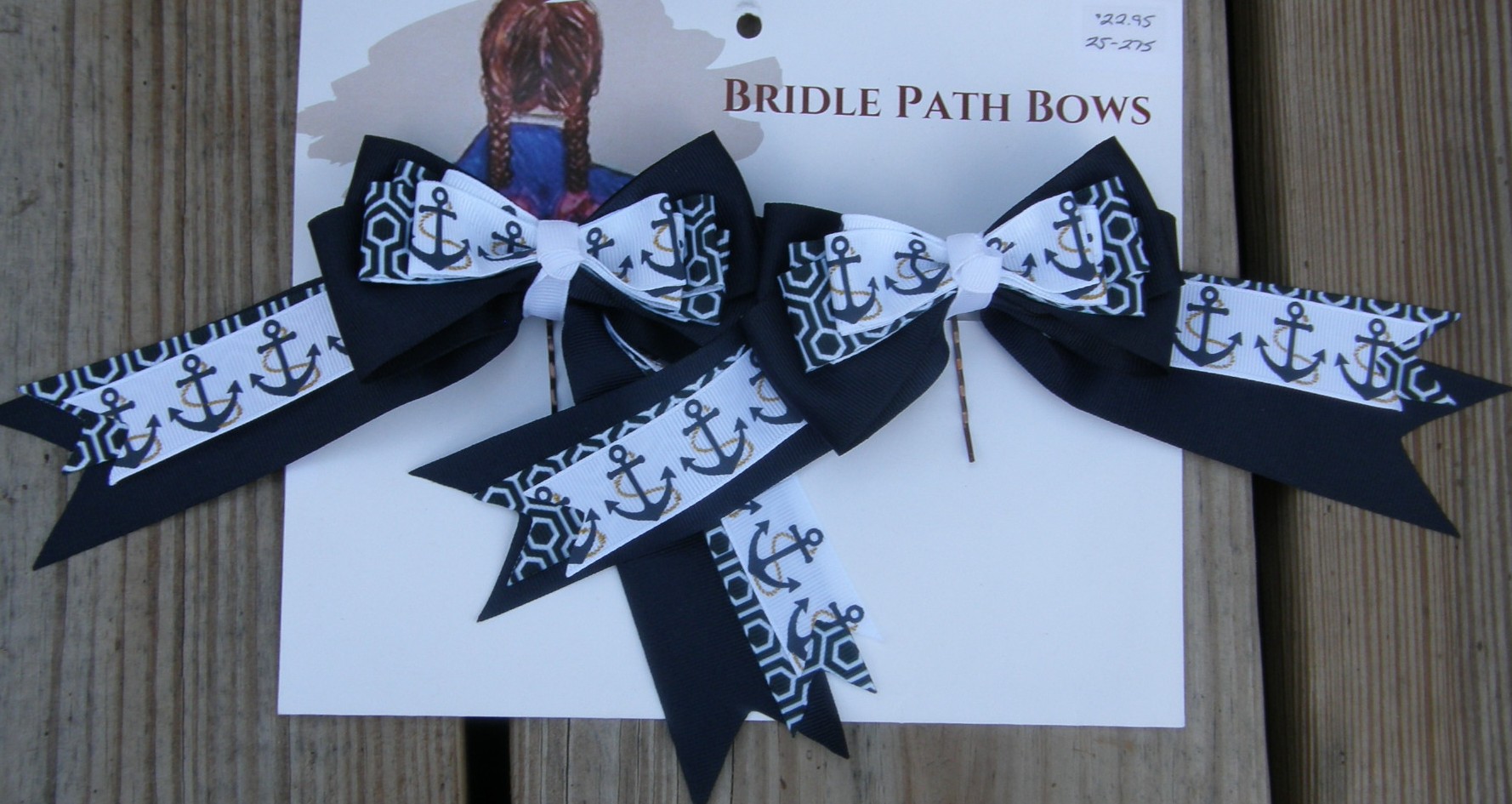 Bridle Path Bows Horse Show Bows Childrens Hair Ribbons Hair Bows Showbows Navy/Navy & White Print/White Anchors Nautical Pattern