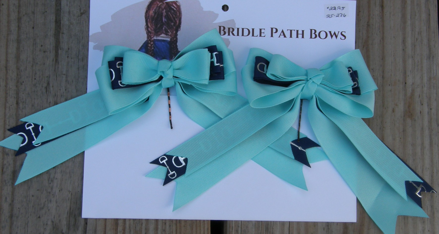 Bridle Path Bows Horse Show Bows Childrens Hair Ribbons Hair Bows Showbows Aqua/Navy Snaffle Bit Pattern