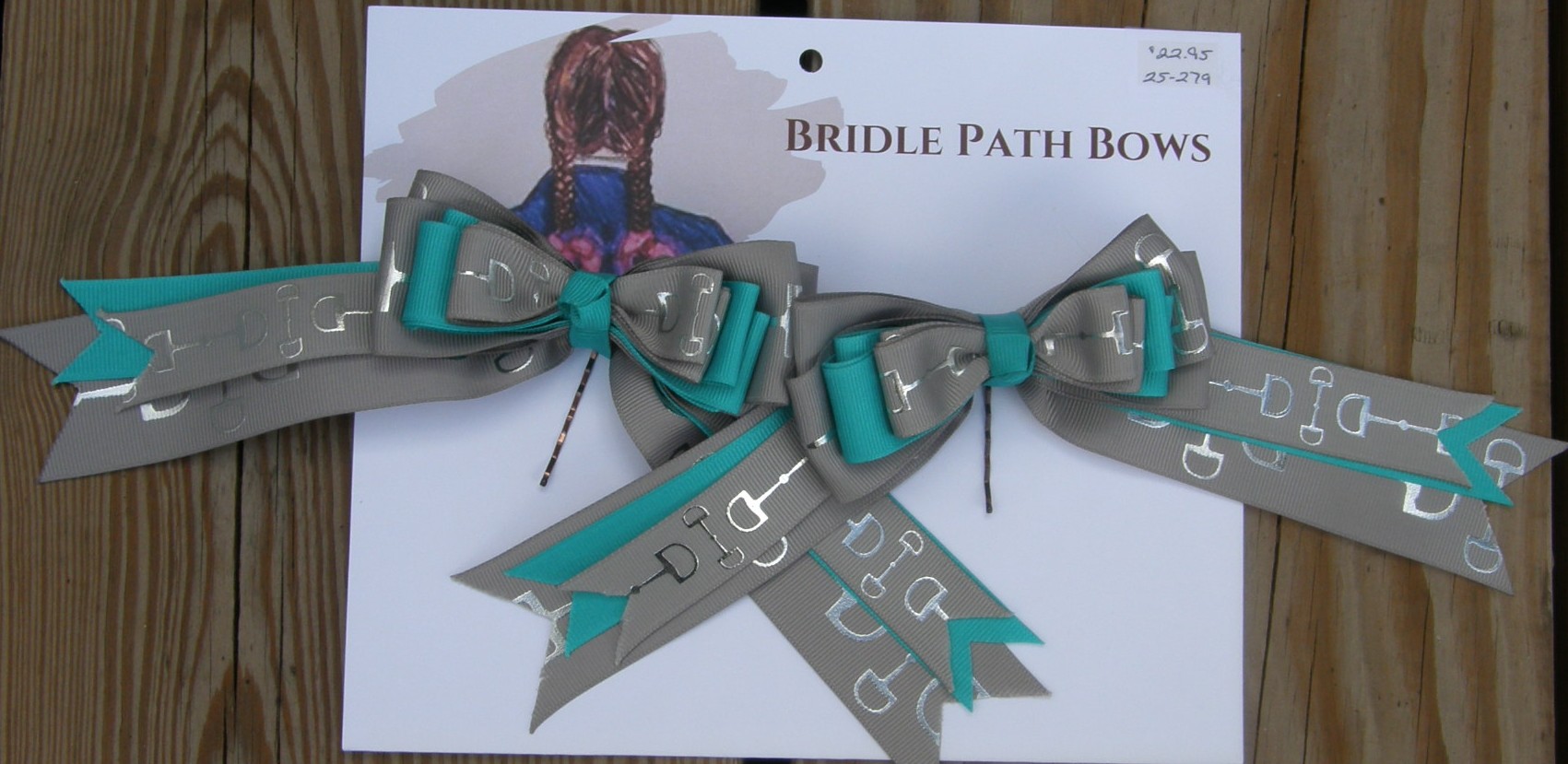Bridle Path Bows Horse Show Bows Childrens Hair Ribbons Hair Bows Showbows Grey/Teal/Grey Snaffle Bit Pattern