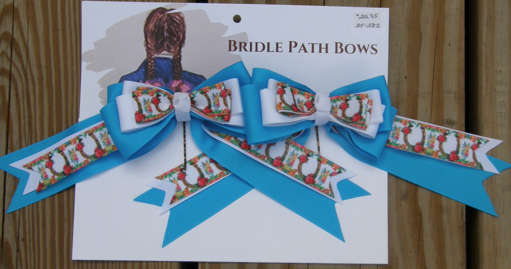 Bridle Path Bows Horse Show Bows Childrens Hair Ribbons Hair Bows Showbows Blue/White/Horseshoe Horse Shoe Pattern