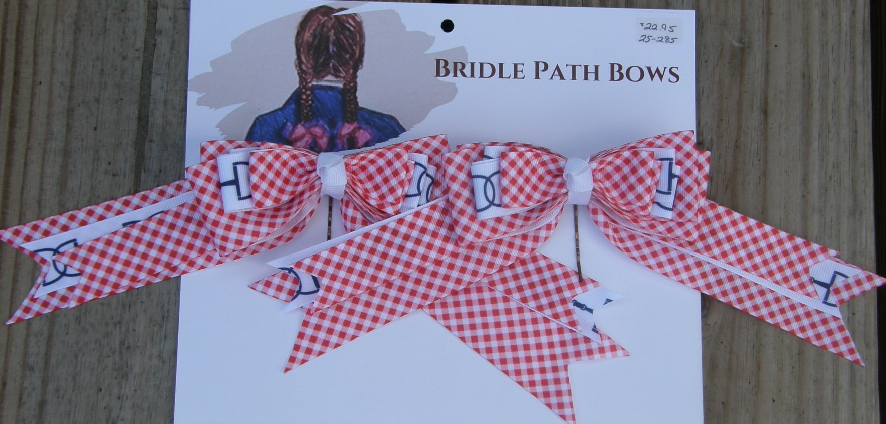 Bridle Path Bows Horse Show Bows Childrens Hair Ribbons Hair Bows Showbows Red Gingham/White & Navy Snaffle Bit Pattern