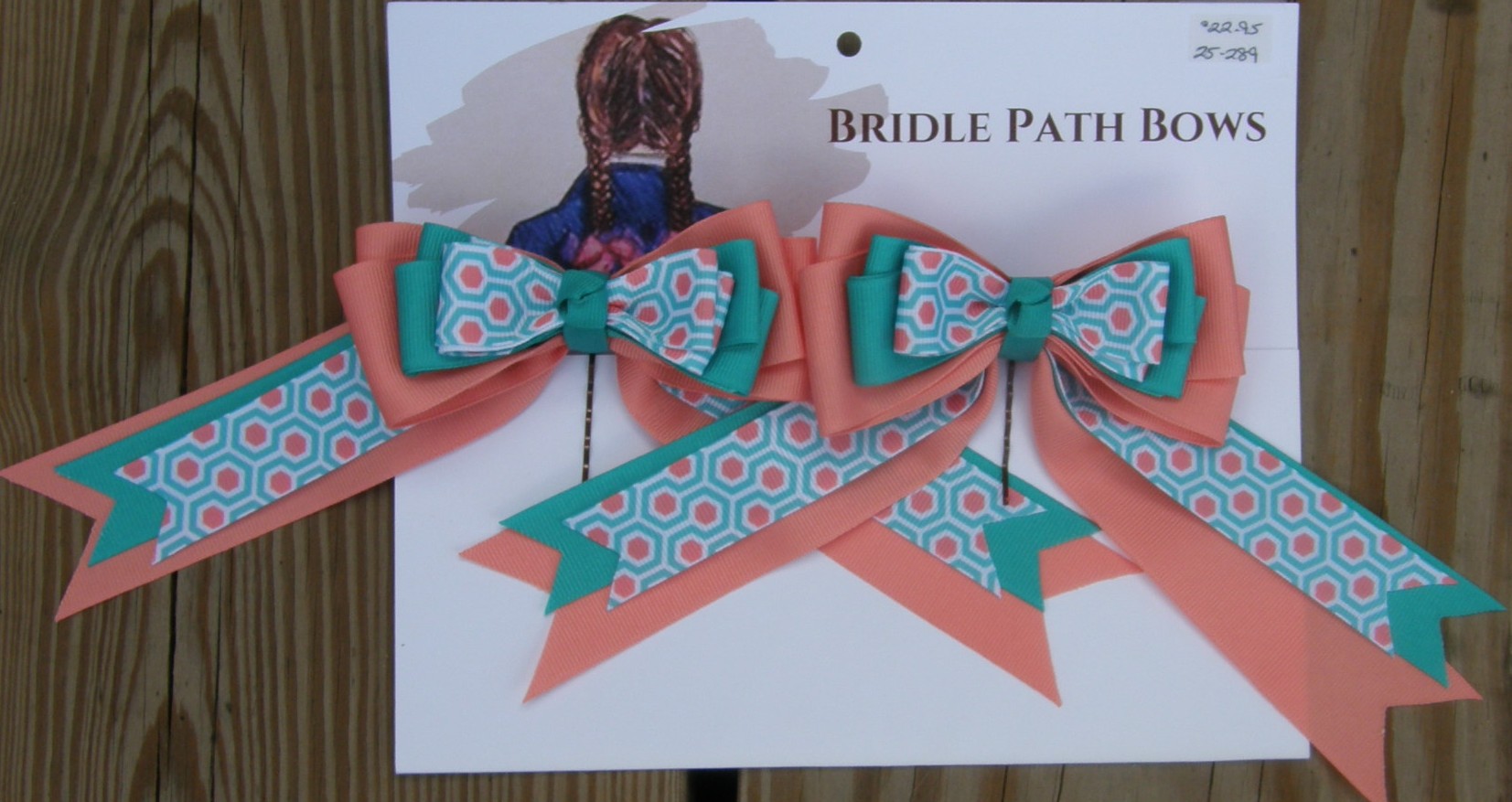 Bridle Path Bows Horse Show Bows Childrens Hair Ribbons Hair Bows Showbows Peach/Green/Peach & Green Pattern