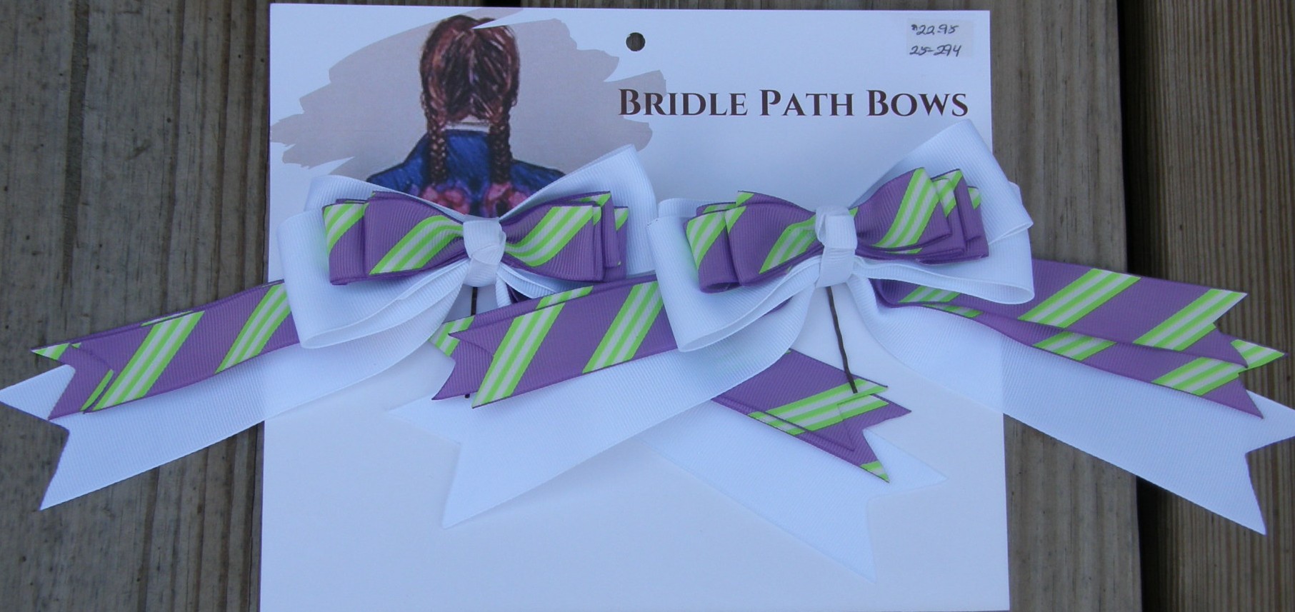 Bridle Path Bows Horse Show Bows Childrens Hair Ribbons Hair Bows Showbows White/Purple & Lime Stripe Pattern