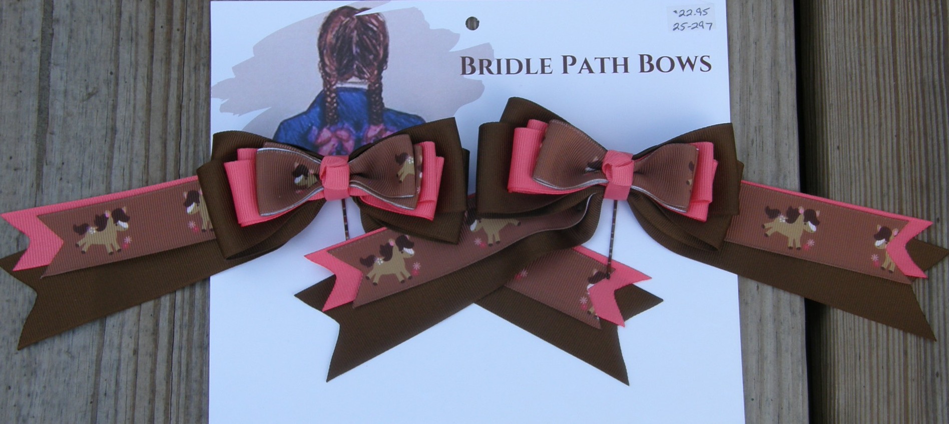 Bridle Path Bows Horse Show Bows Childrens Hair Ribbons Hair Bows Showbows Brown/Coral Pink/Brown Pony Pattern