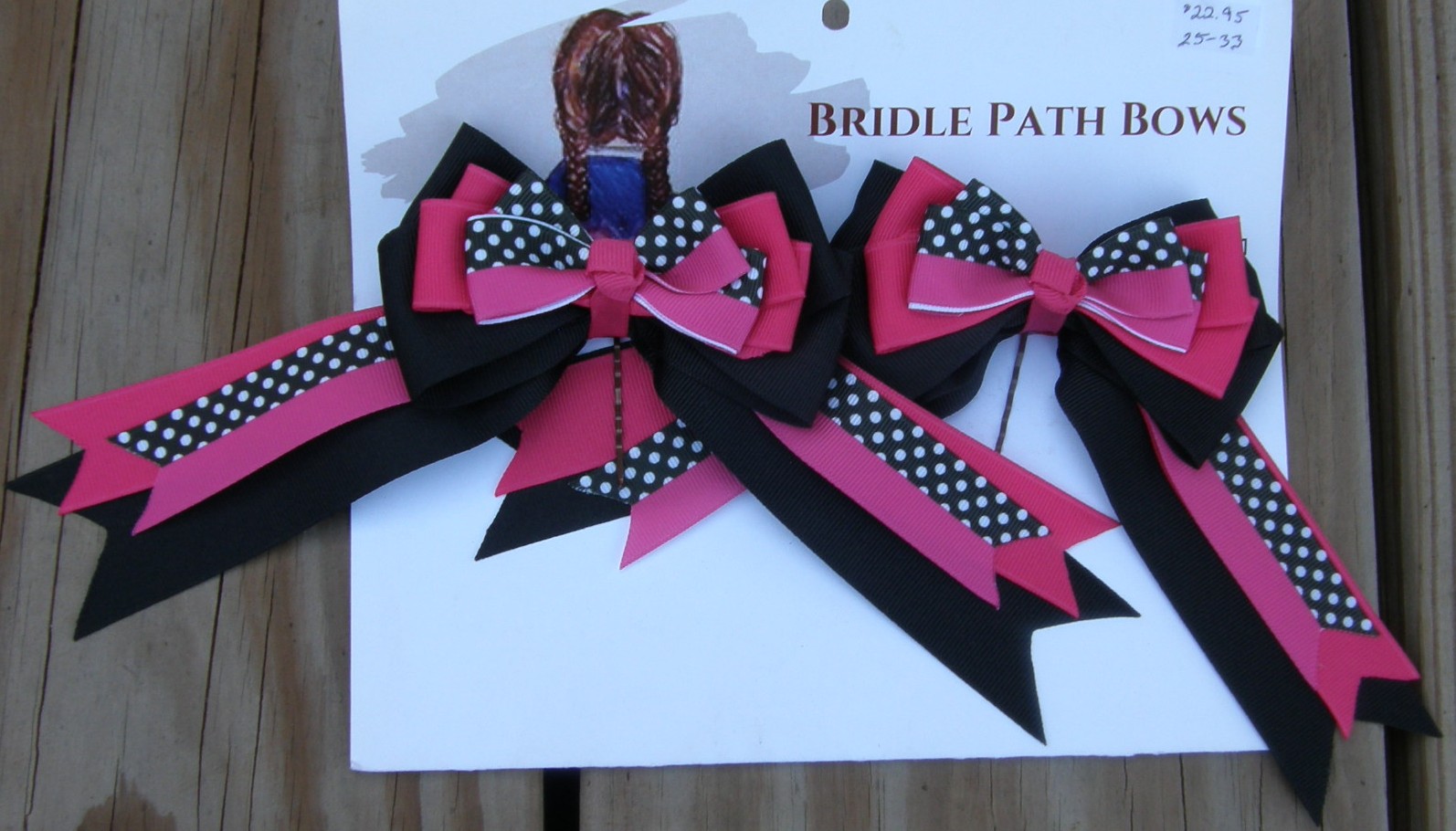 Bridle Path Bows Horse Show Bows Childrens Hair Ribbons Hair Bows Showbows Black/Pink/Polka Dot Pattern