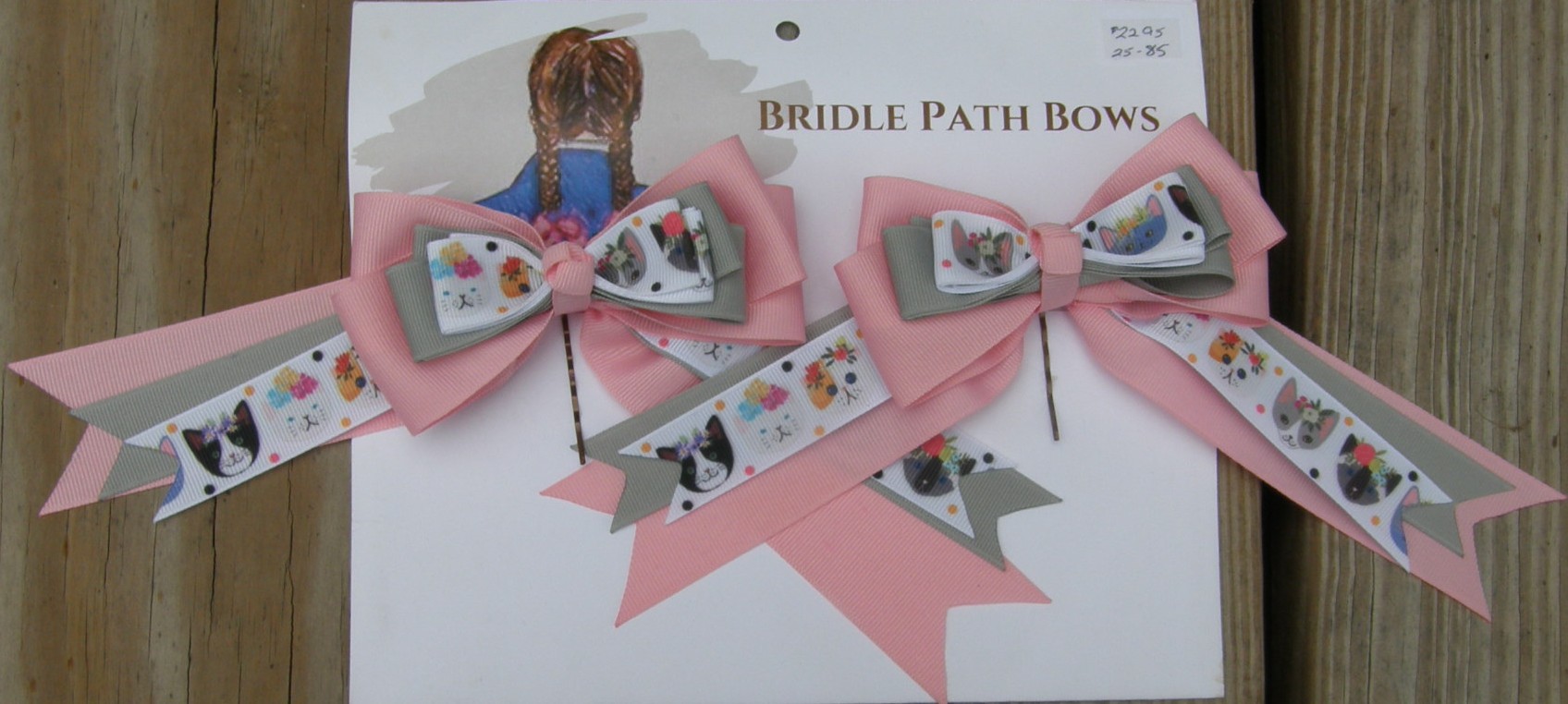 Bridle Path Bows Horse Show Bows Childrens Hair Ribbons Hair Bows Showbows Pink/Grey/Cats & Flowers Pattern