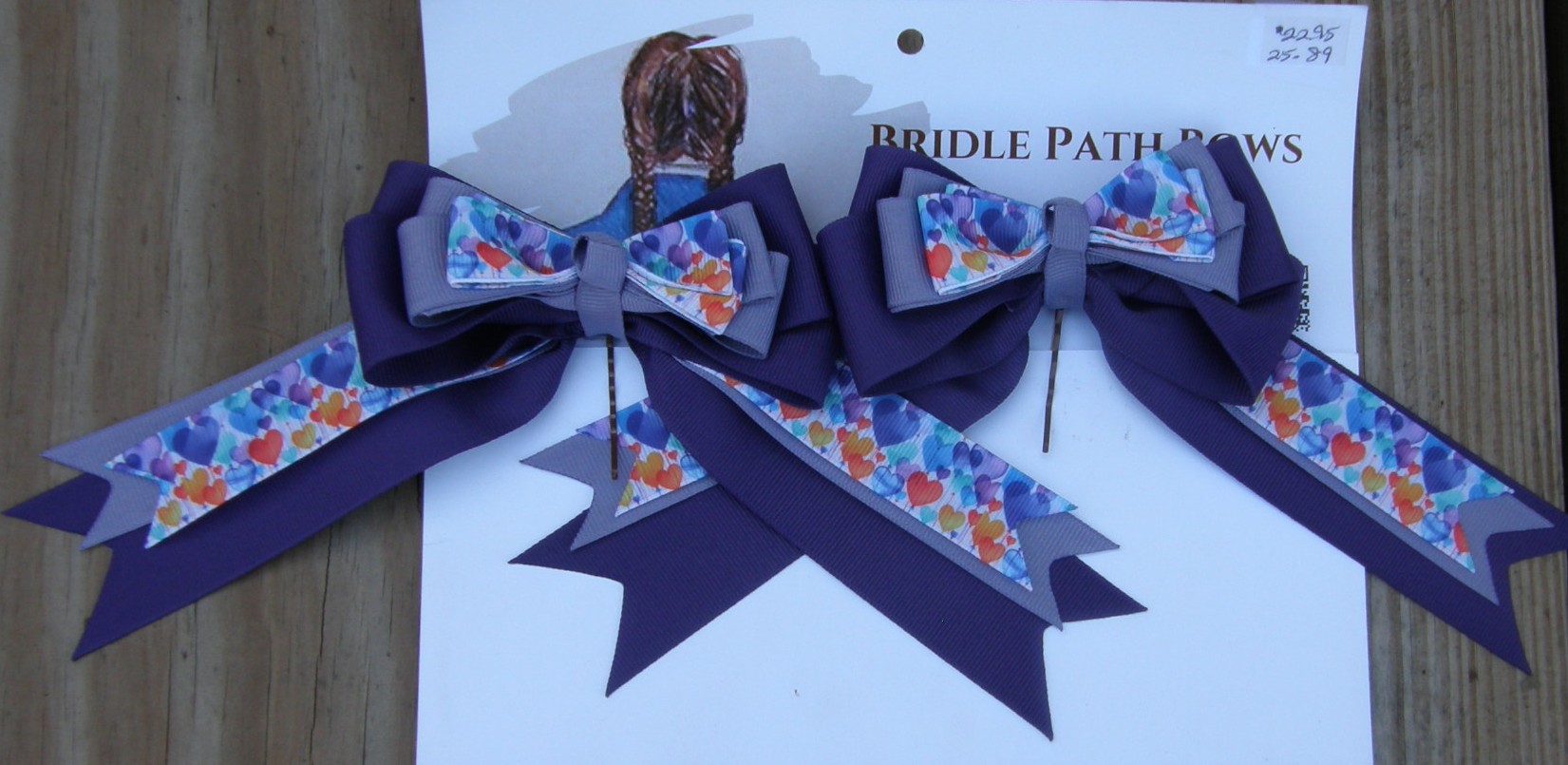Bridle Path Bows Horse Show Bows Childrens Hair Ribbons Hair Bows Showbows Purple/Lavender/Valentine Hearts Pattern