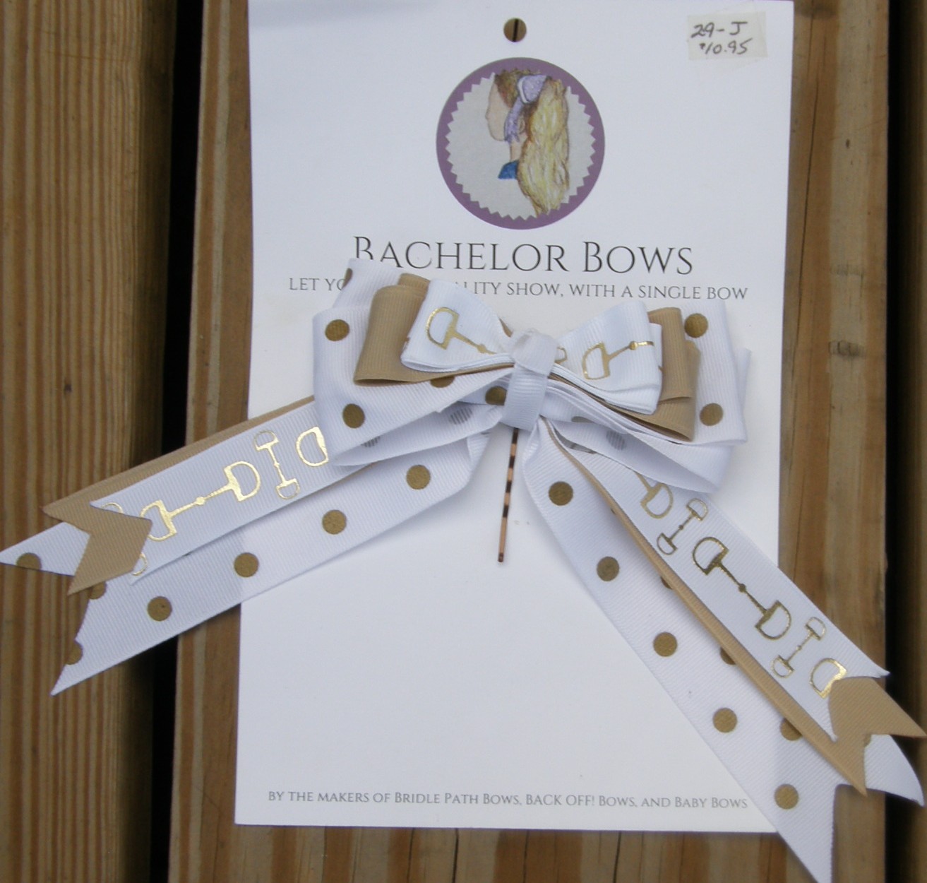 Bridle Path Bows Bachelor Bows Childrens Hair Ribbons Single Hair Bow Hair Ribbons Gold Dot/Tan/White Snaffle Bit Pattern