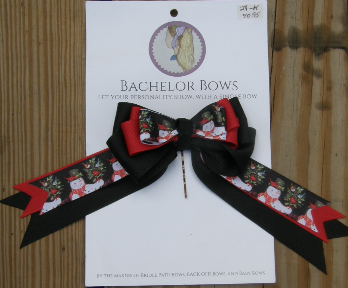 Bridle Path Bows Bachelor Bows Childrens Hair Ribbons Single Hair Bow Hair Ribbons Black/Red/Frosty Snowman Winter Christmas Pattern