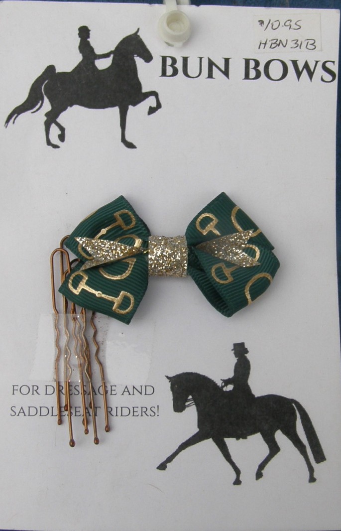 Bridle Path Bows Bun Bows Hair Bows Hair Ribbons Dressage Saddleseat Hunter Green Snaffle Bit Pattern/Metallic Gold