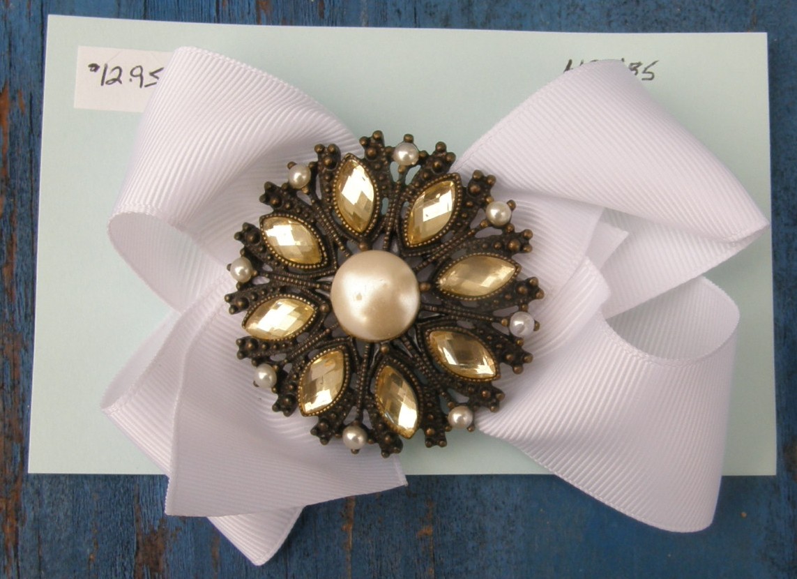 Hair Bow Hair Clip Hair Barrette White Vintage Crystal Flower
