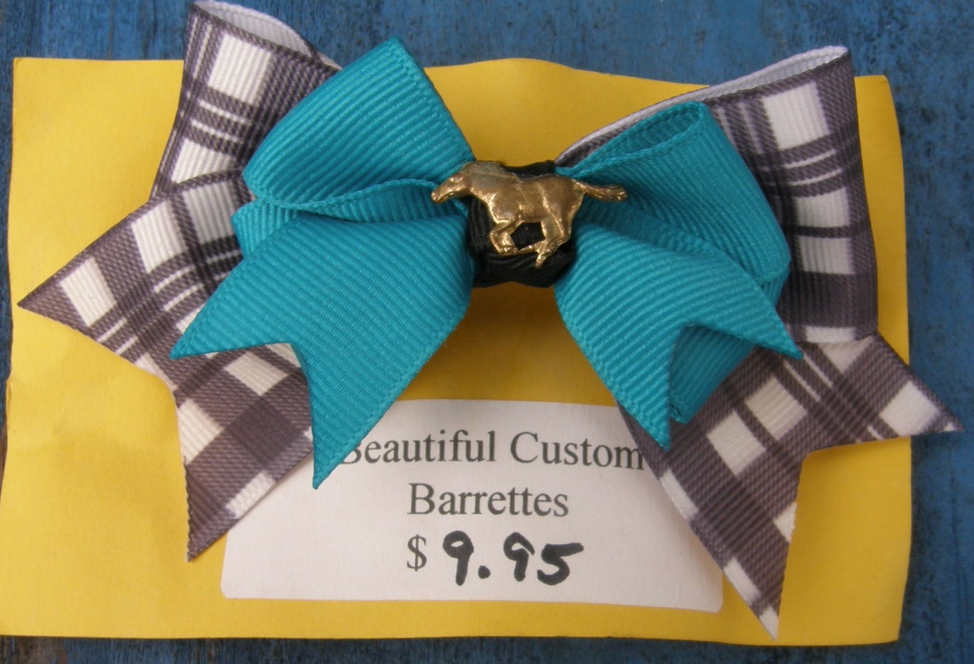 Bridle Path Bows Baby Bow Hair Bow Hair Clip Hair Barrette Childrens Hair Ribbons Grey Plaid/Teal Gold Running Horse