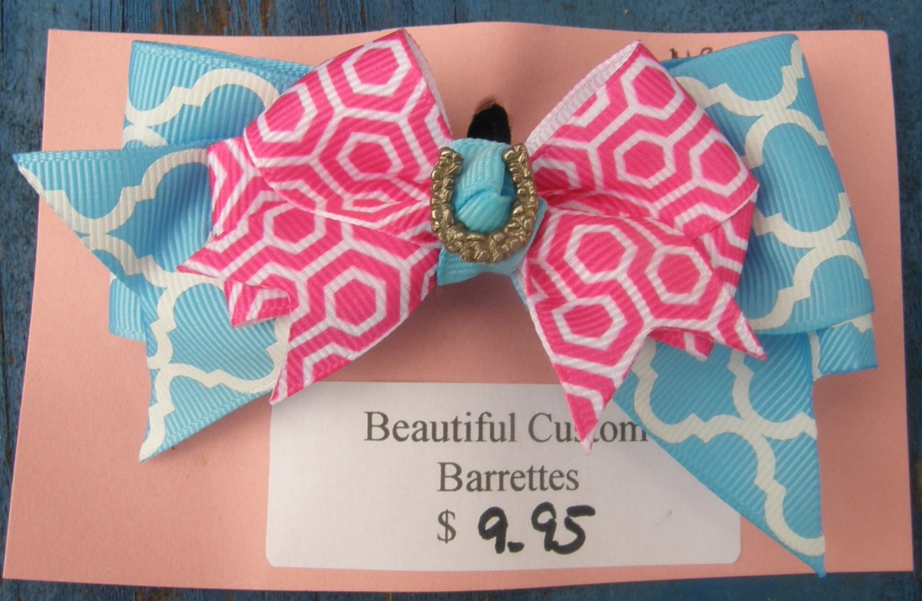 Bridle Path Bows Baby Bow Hair Bow Hair Clip Hair Barrette Childrens Hair Ribbons Lt Blue/White Pink/White Pattern Silver Horse Shoe Horseshoe