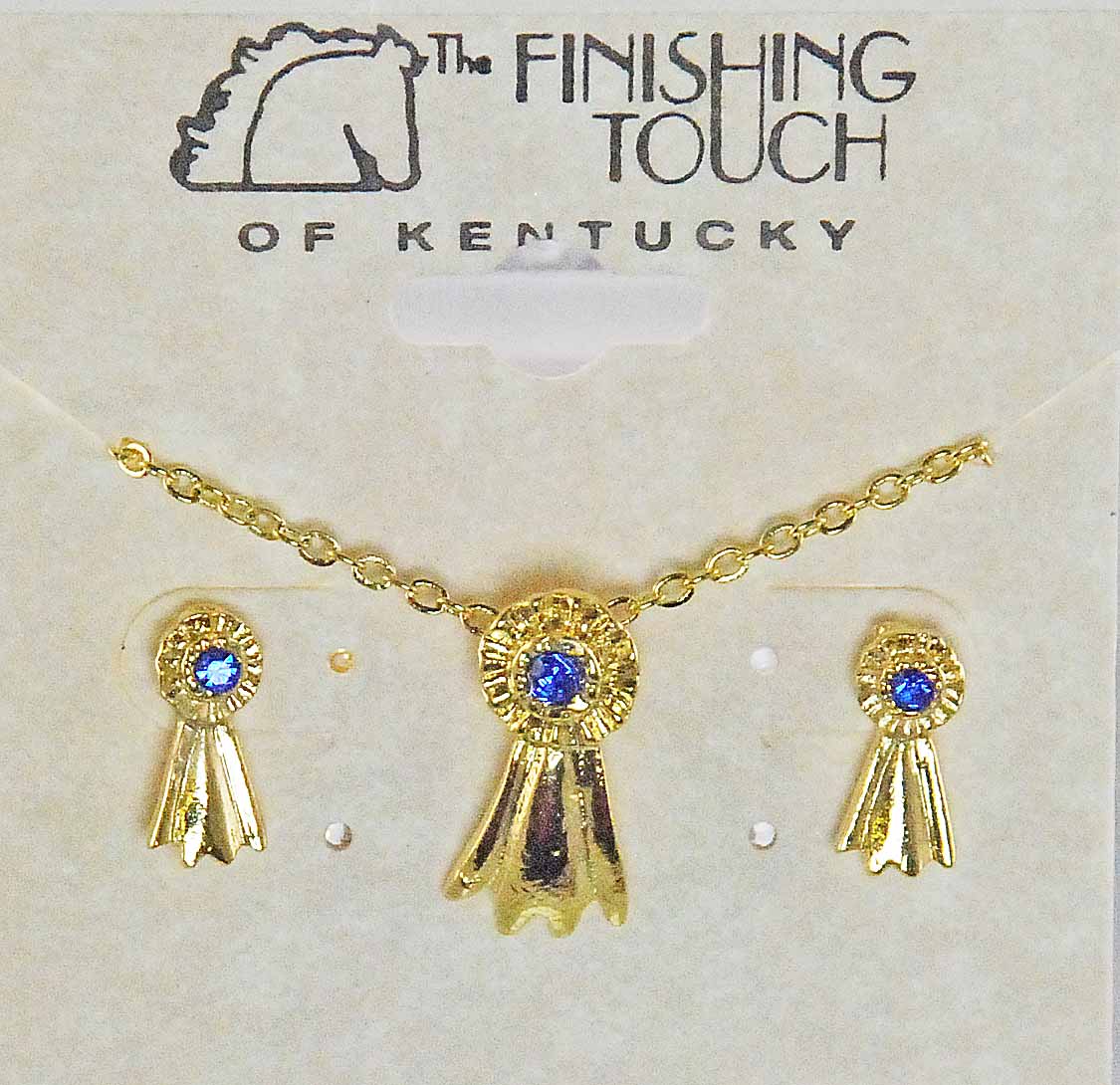 Blue Ribbon Necklace & Pierced Earrings Set Earrings Pendant Gold