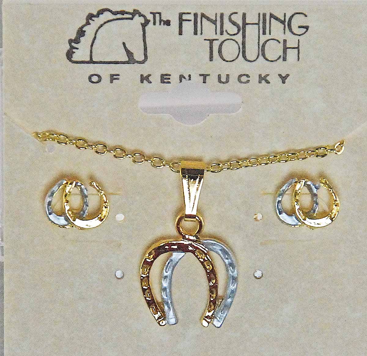 Necklace & Pierced Earrings Set Two Tone Horseshoe Double Horse Shoe Earrings Pendant Gold/Silver