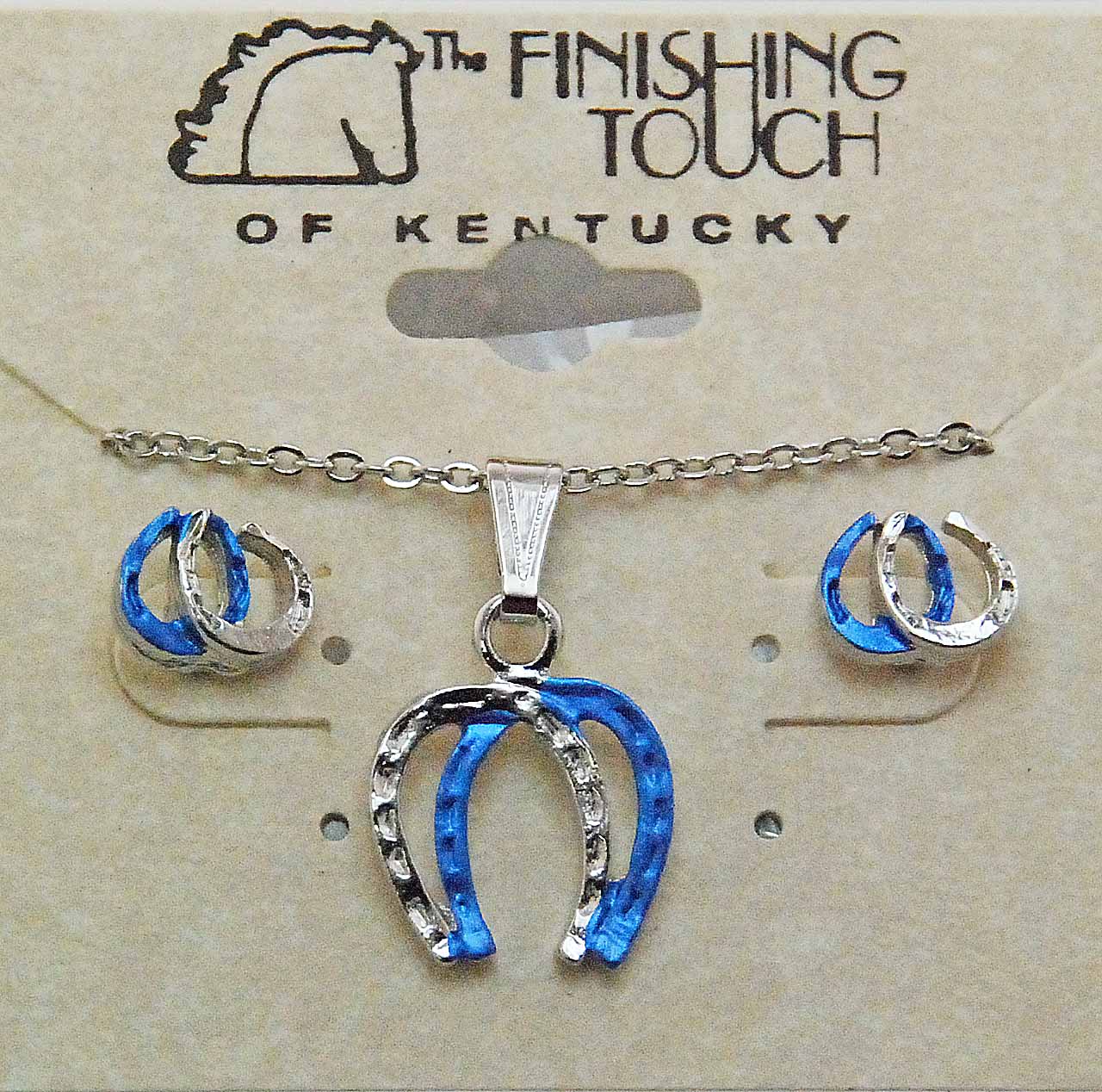 Two Tone Blue Double Horseshoe Horse Shoe Necklace & Pierced Earrings Set Silver