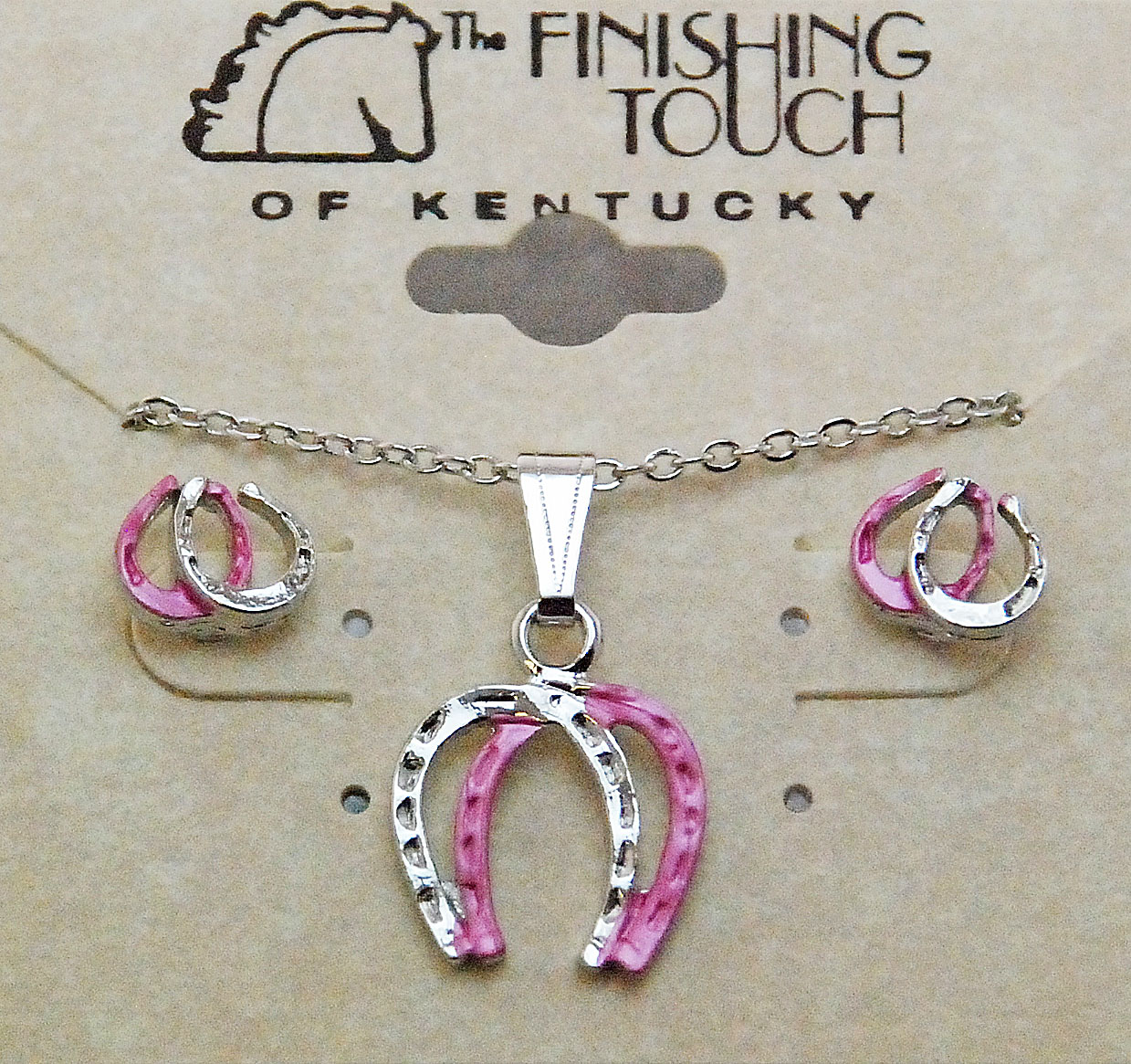 Two Tone Pink Double Horseshoe Horse Shoe Necklace & Pierced Earrings Set Silver