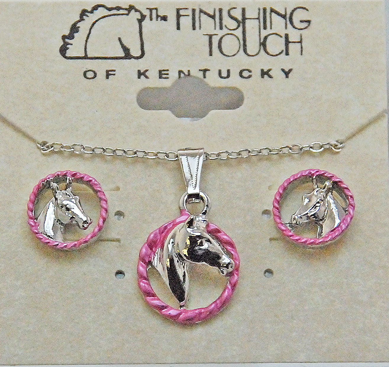 Horse Head in Rope Horsehead in Lariat Circle Necklace & Pierced Earrings Set Rose & Silver