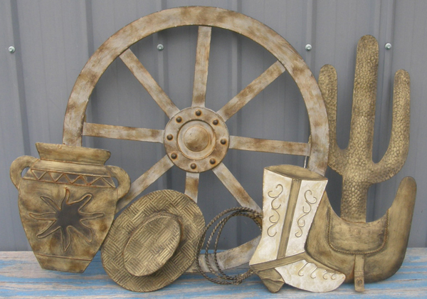 DecMode Wagon Wheel Cactus Cowboy Hat Lasso Lariat Western Boot Saddle South Western Urn Large Metal Wall Art Western Home Decor Wall Hanging