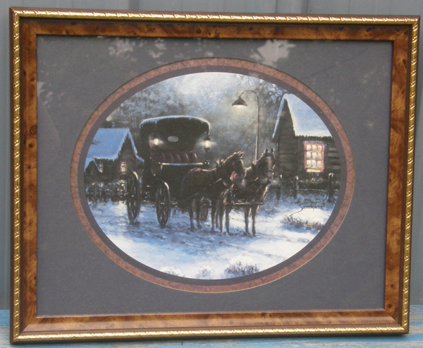 Vintage Home Interiors Joe Sambataro Framed Print Team Horses Buggy Carriage Winter Cabin Street Scene Matted Framed Print Artwork