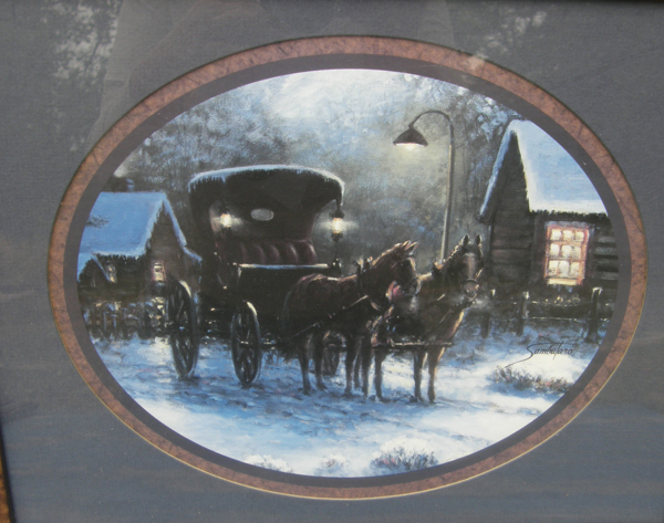 Vintage Home Interiors Joe Sambataro Framed Print Team Horses Buggy Carriage Winter Cabin Street Scene Matted Framed Print Artwork