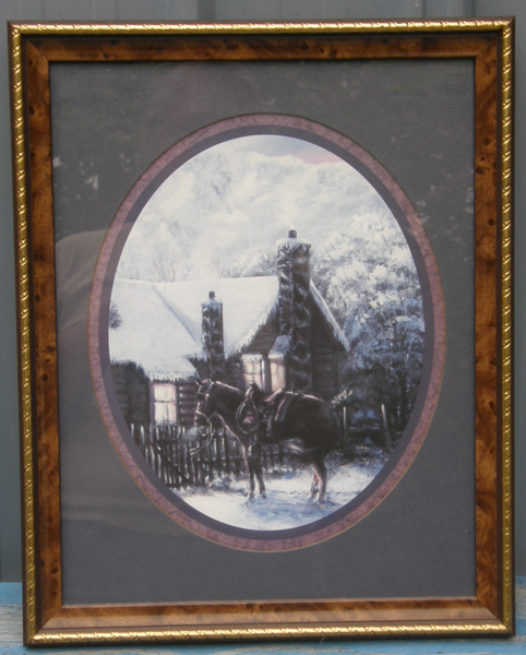 Vintage Home Interiors Joe Sambataro Framed Print Western Horse Snowy Winter Cabin Scene Picket Fence Matted Framed Print Artwork