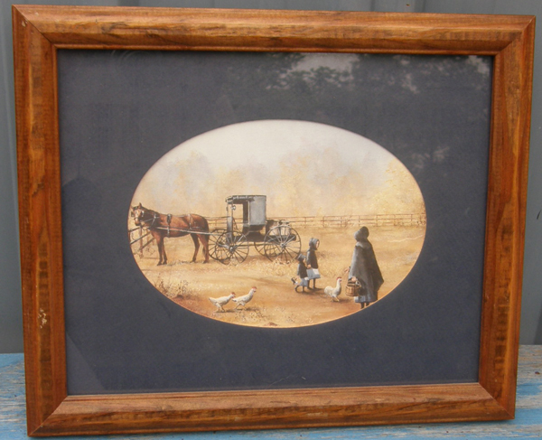 Vintage Al Koenig Amish Scene Framed Print Horse & Buggy Chickens Farmyard Matted Framed Print Artwork