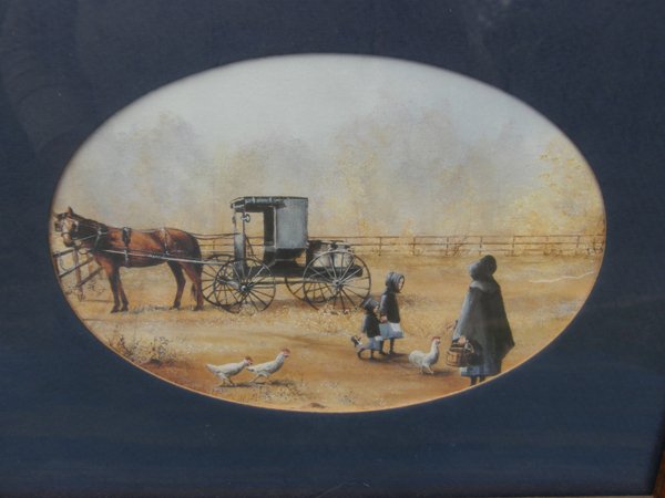 Vintage Al Koenig Amish Scene Framed Print Horse & Buggy Chickens Farmyard Matted Framed Print Artwork