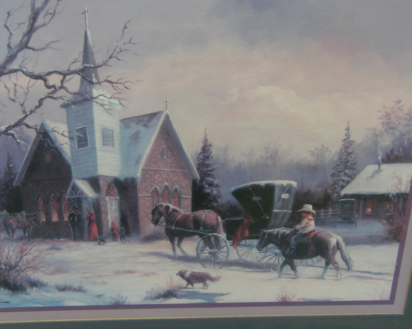 Marianne Caroselli Framed Print Winter Country Church Scene Horse & Buggy Pony on Pony Snowy Churchyard Vintage Horse Print Artwork