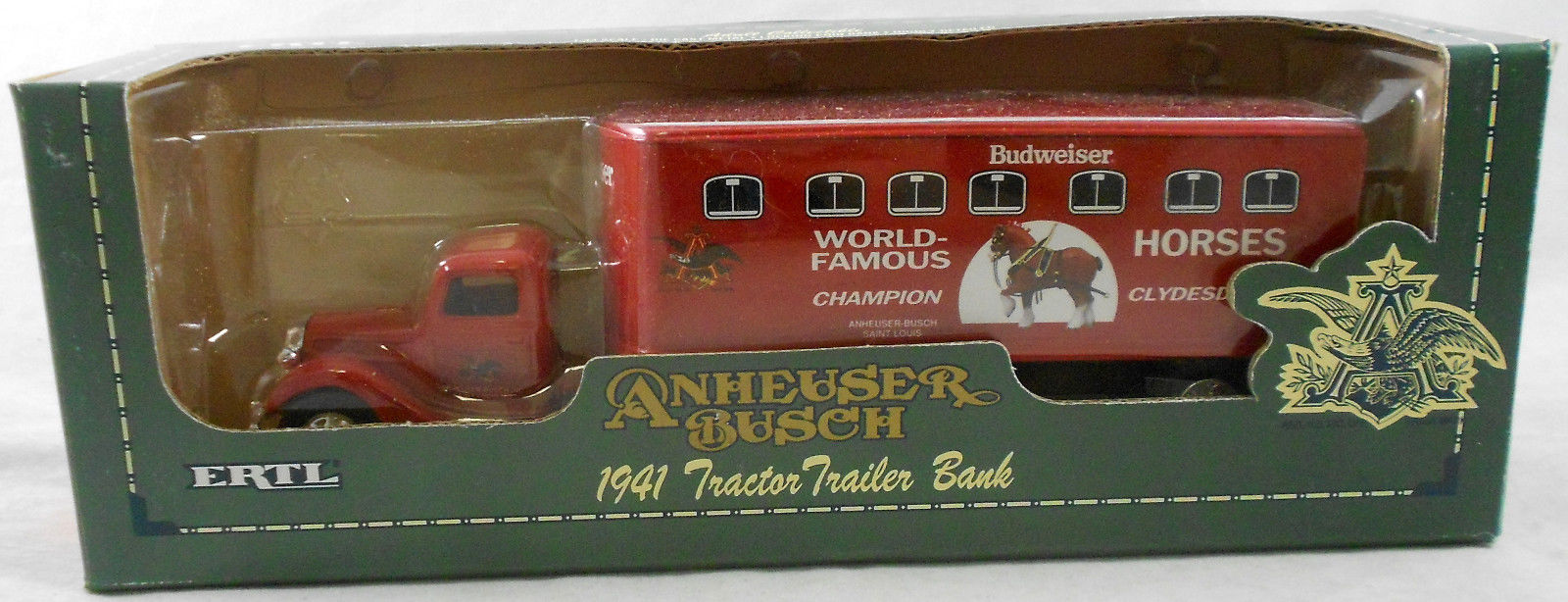 ERTL Anheuser Busch 1941 Tractor Trailer Die Cast Metal Locking Coin Bank Truck & Horse Trailer Budweiser Clydesdales