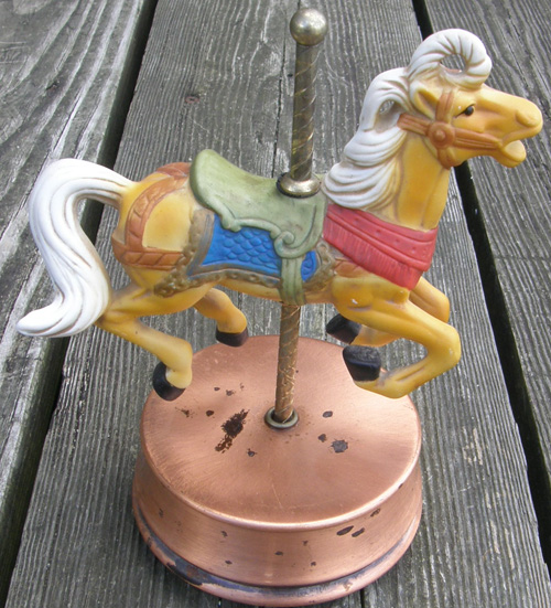 Vintage Porcelain Carousel Horse Music Box on Copper Base Brass Pole