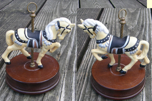 Vintage Porcelain Carousel Horse Music Box on Wood Base Brass Pole